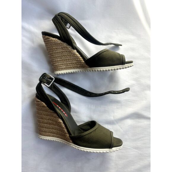 Prada Open Toe Wedge Sandals Olive Green EU 38 US 7.5 Espadrille Platform - Picture 10 of 11